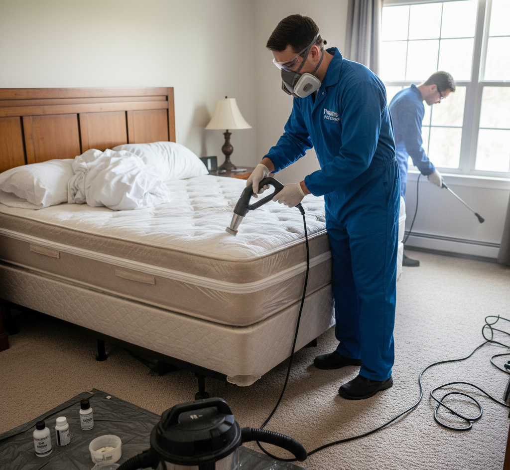 Professional pest control service in Brookline treating a mattress to eliminate indoor pests