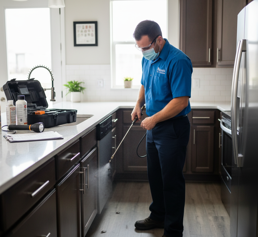 Pest control service in Brookline treating kitchen cabinets to address insect activity