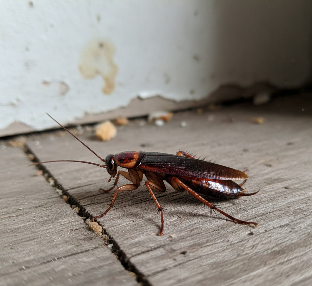 Close-up of a cockroach indoors highlighting the need for pest control service in Brookline